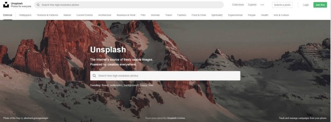 Homepage van unsplash hier vul je de zoekterm in om jouw stockfoto voor je visuele content te vinden