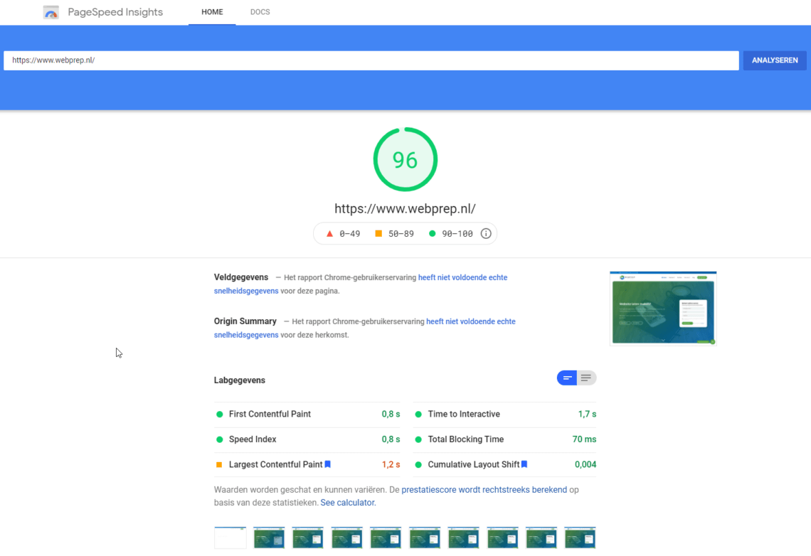 PageSpeed Insights score van de Core Web Vitals van WebPrep